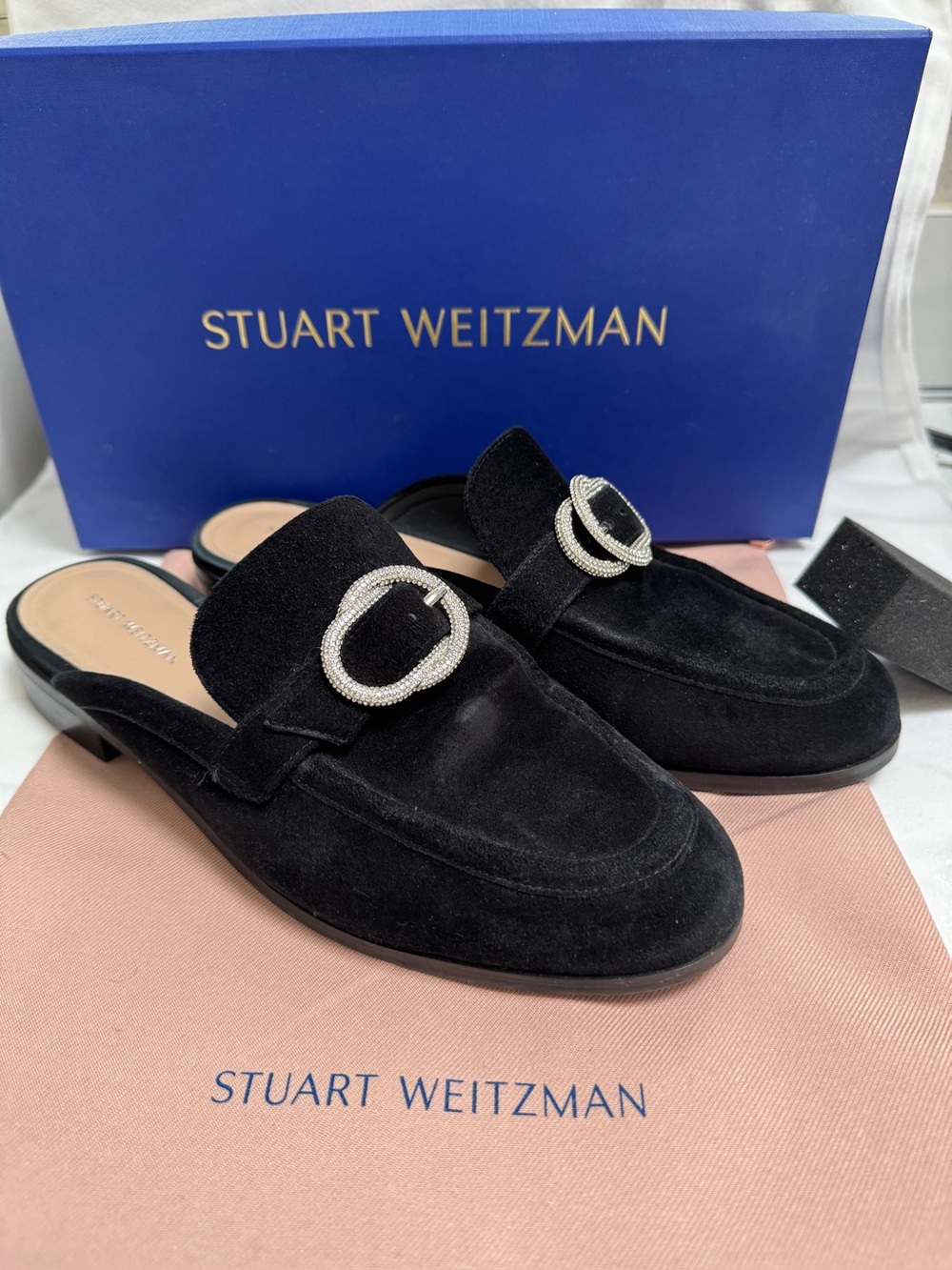 Stuart Weitzman Black Suede Mule Loafers with Crystal Buckle